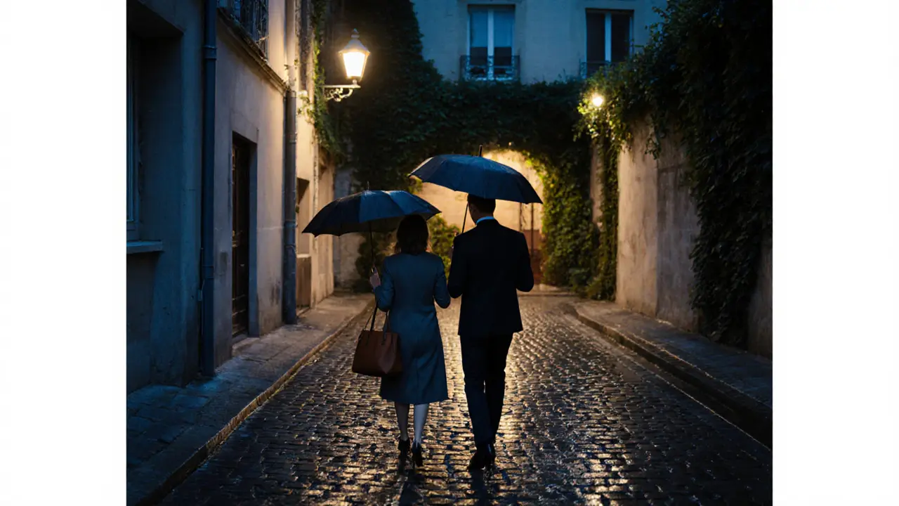 A couple walking privately through a quiet Paris alley at dusk, umbrellas casting soft shadows.