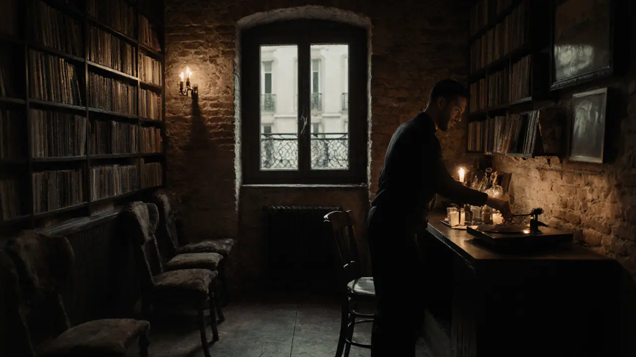 A hidden speakeasy with candlelight, jazz records, and a bartender pouring a drink among bookshelves.