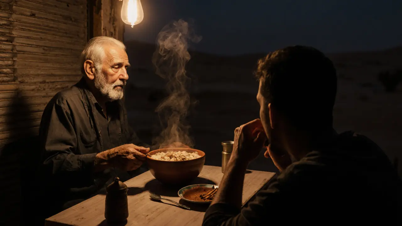 A hidden stall serving harees porridge at dawn, lit by a single bulb, with a diner eating quietly under the night sky.