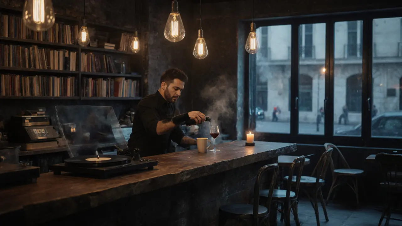 A quiet late-night café with vinyl playing, wine being poured at a wooden counter, books on the shelves.