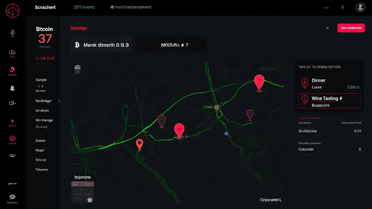 Abstract digital interface showing encrypted crypto payments and hidden Paris locations on a dark screen.
