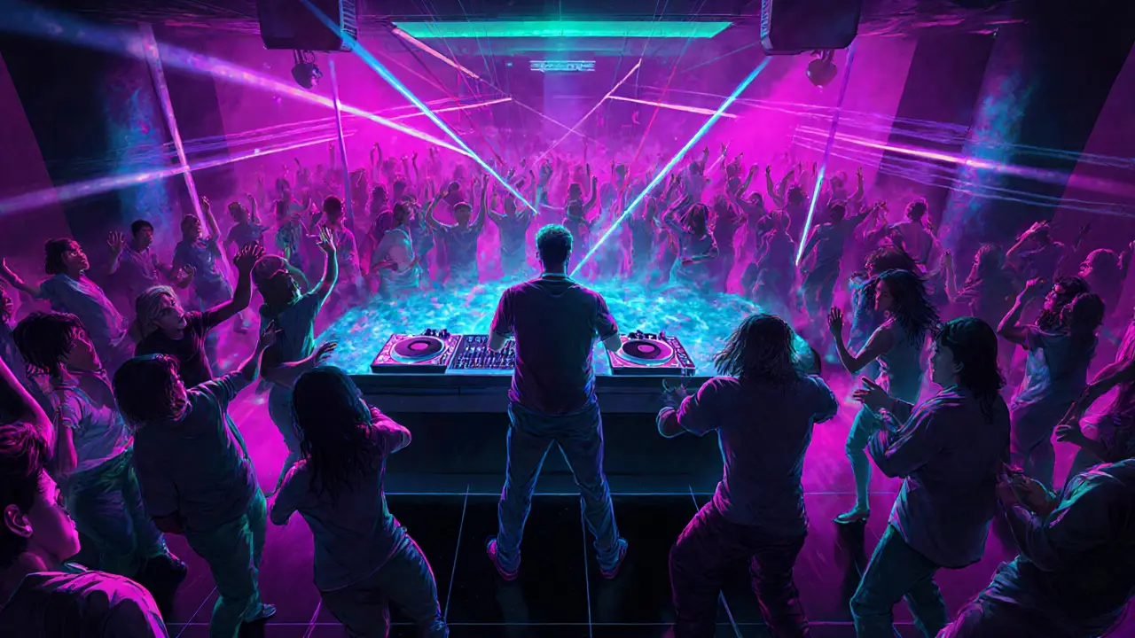 Crowd dancing under neon lights inside Jimmy'z nightclub.