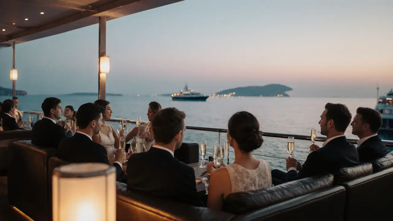 Dawn deck of Monaco Yacht Club with champagne flutes and calm Mediterranean sea.