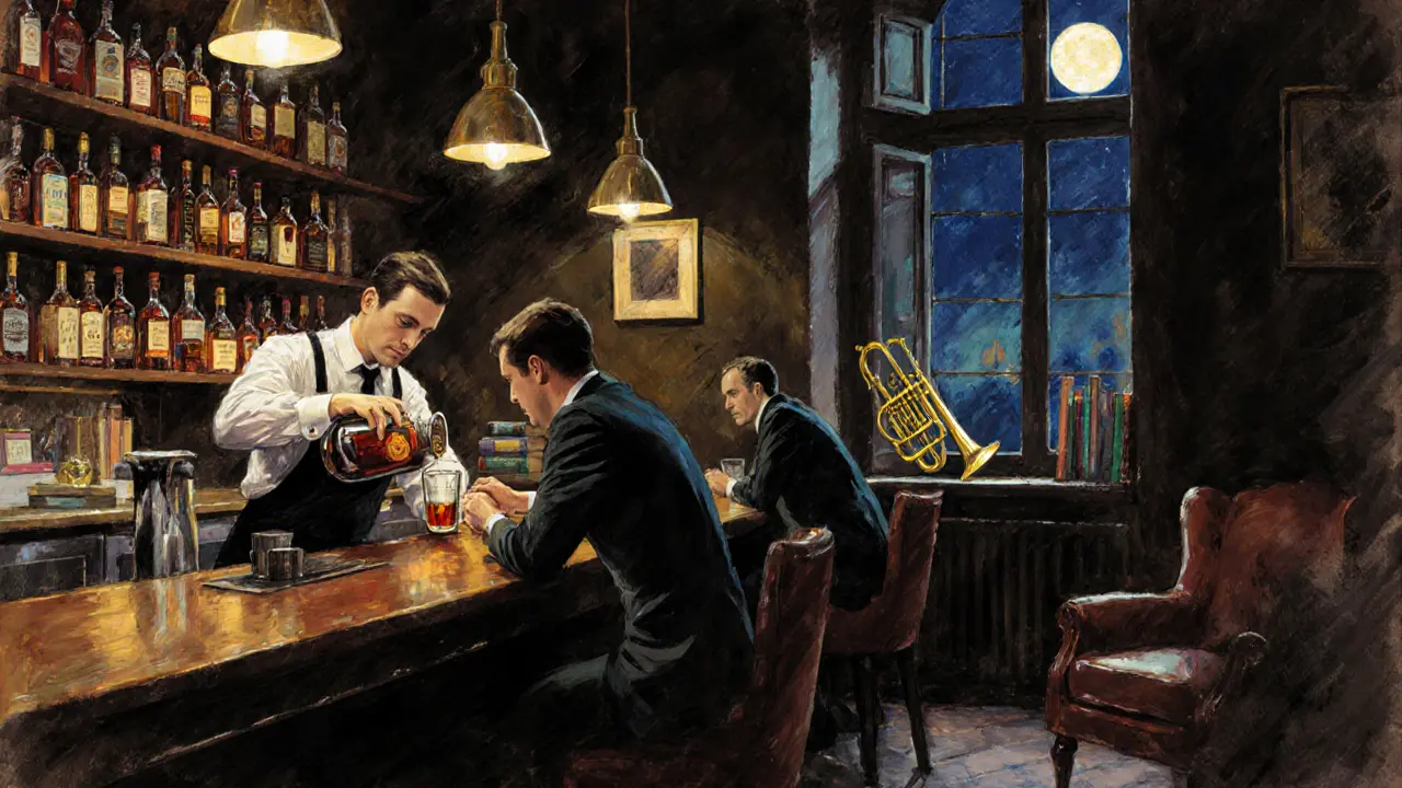 Dim jazz bar interior with whiskey bottles and a bartender pouring bourbon under warm lamplight.