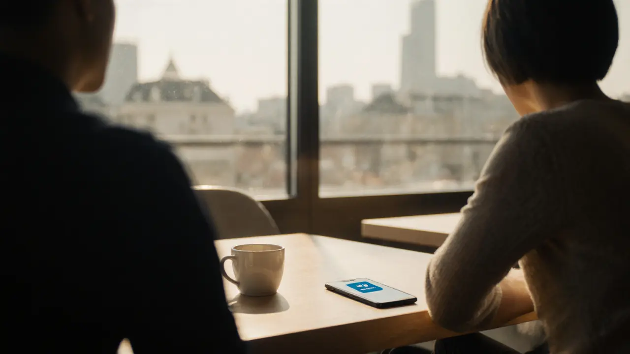 Discreet café meeting with coffee, smartphone payment app icon, and blurred figures.