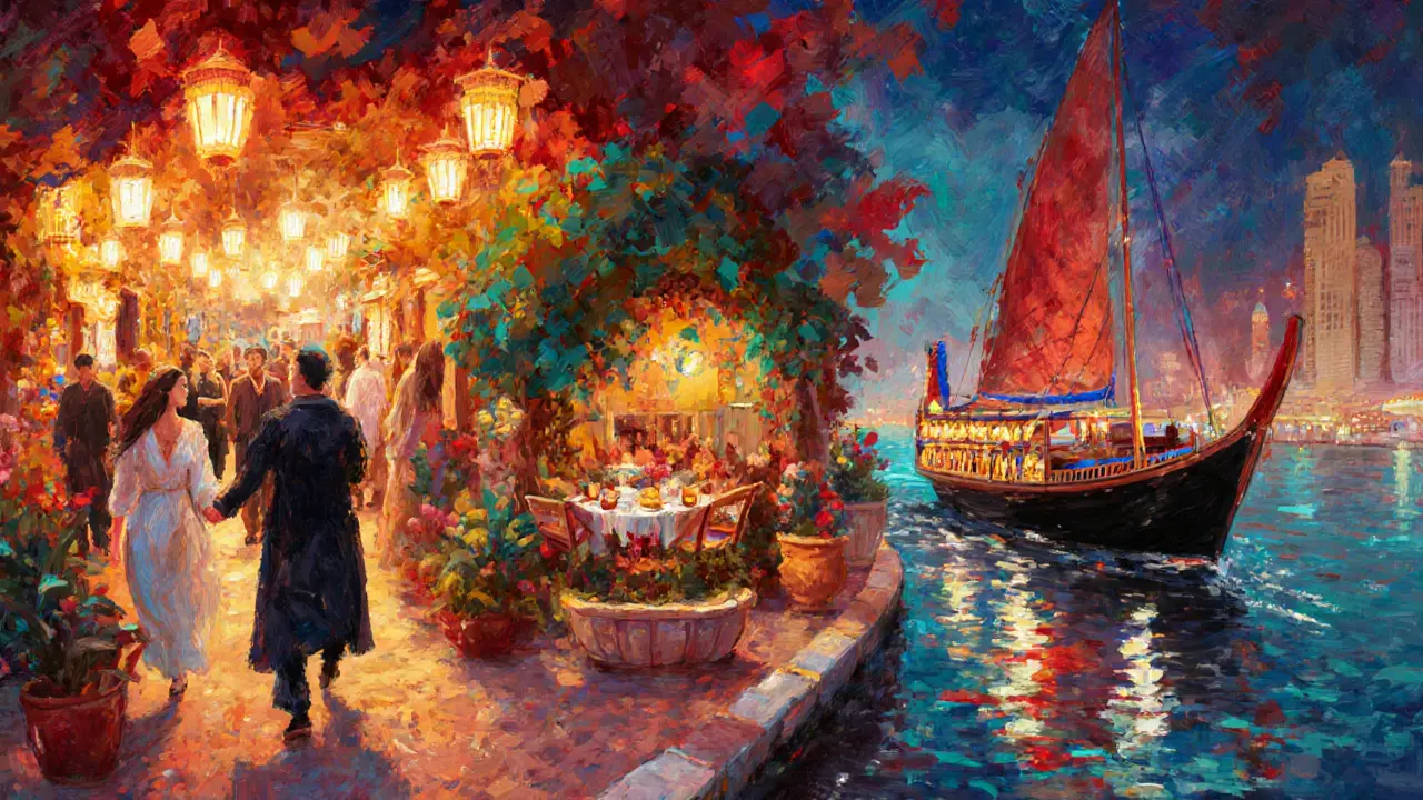 Escort and client exploring Gold Souk, heritage garden, and a dhow cruise at night.