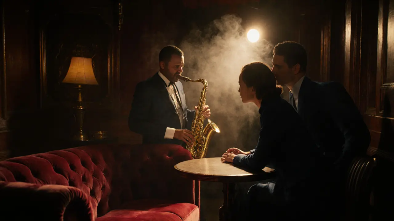 Escort and client in a secret jazz speakeasy with dim lighting and saxophonist.