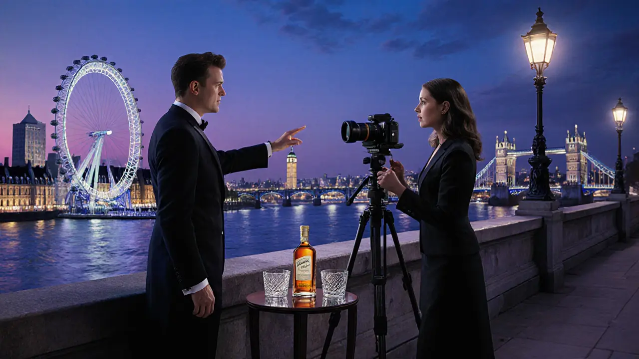 Escort arranging a portrait session on South Bank with Thames and a Scotch bottle.