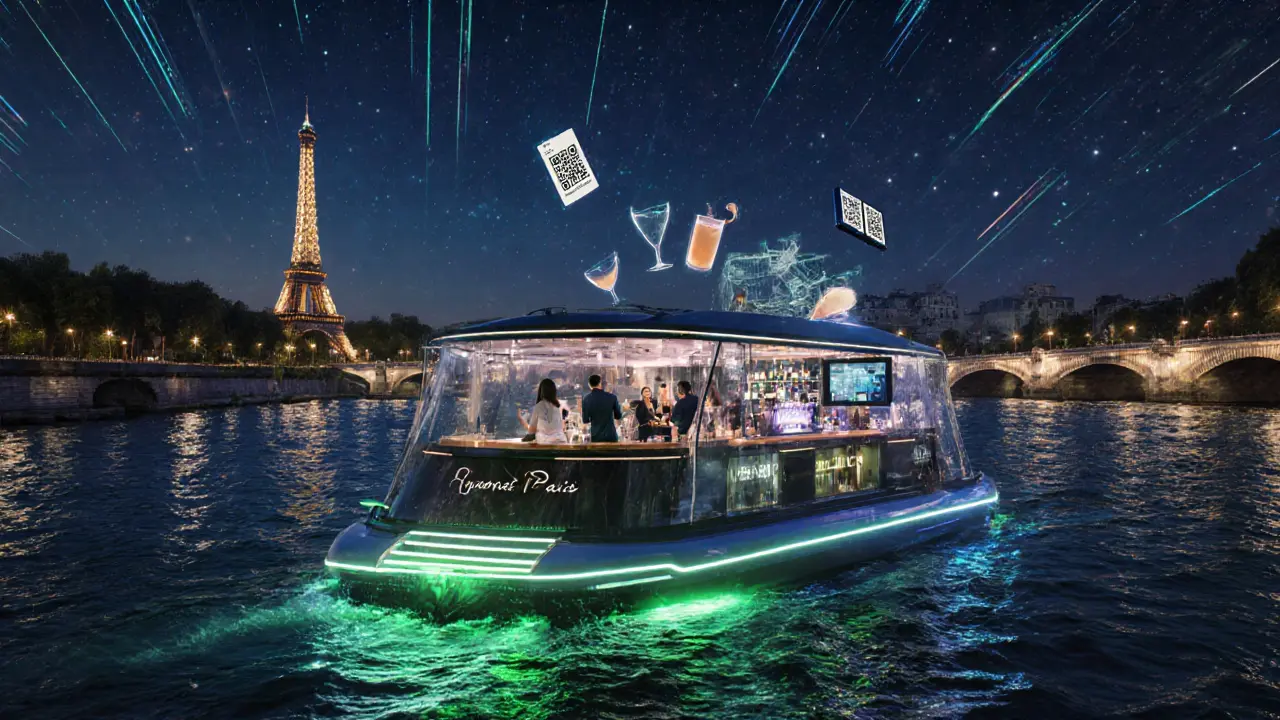 Futuristic boat bar on the Seine with LED lighting, holographic menus, and electric engine.