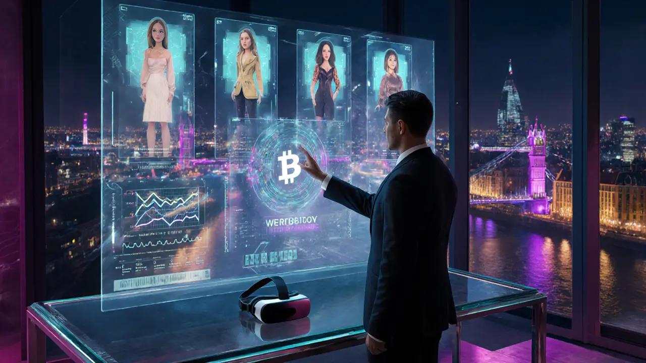 Futuristic holographic matchmaking UI with escort avatars, blockchain icon, and VR headset in a London loft.