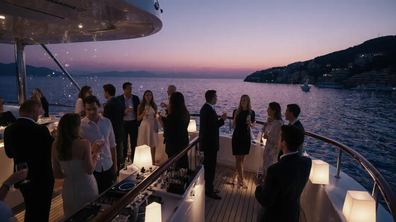 Guests enjoying a sunset yacht party with DJ on the deck.