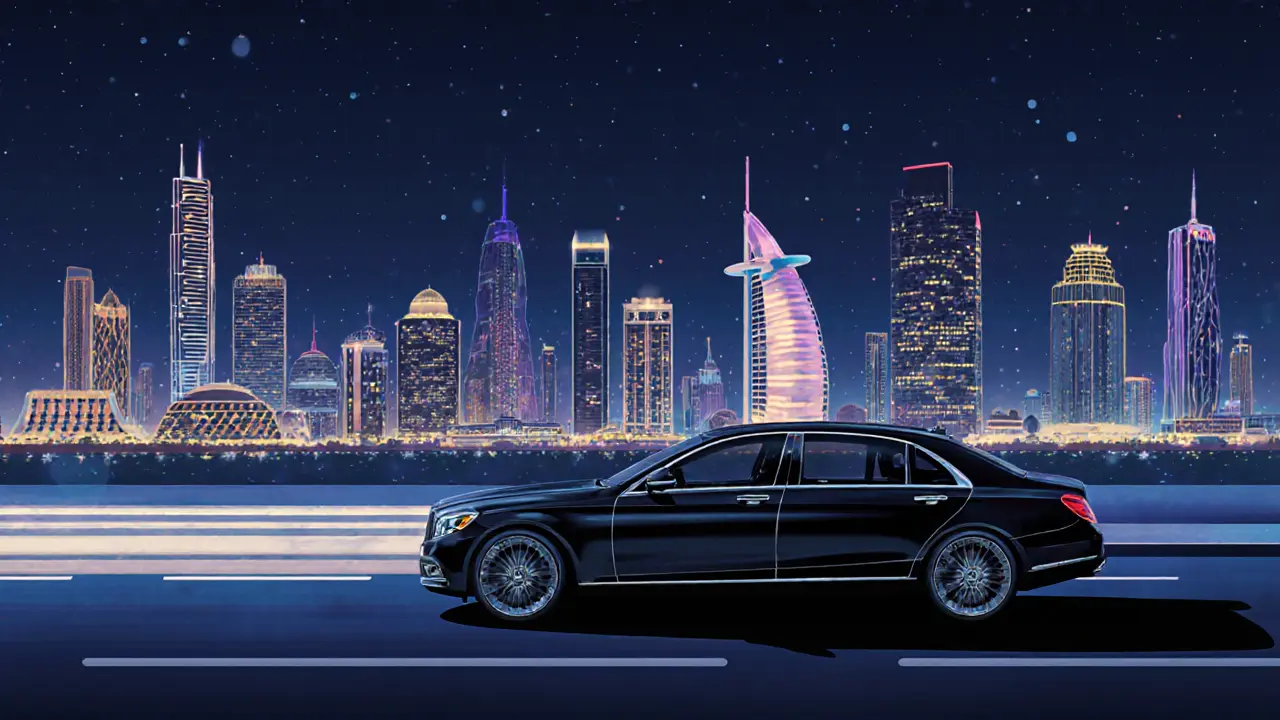 Illustrated Abu Dhabi night scene with luxury venues and chauffeur car.