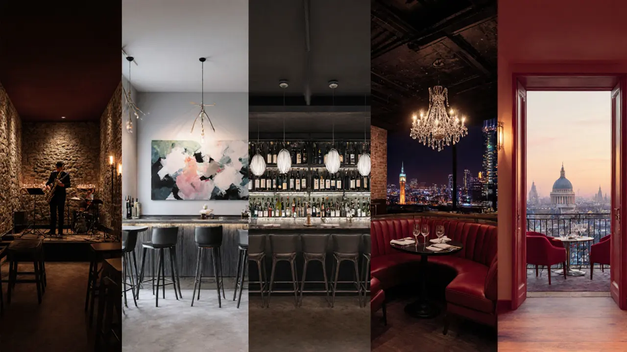 Illustrated hallway showing five distinct wine bar interiors side by side.