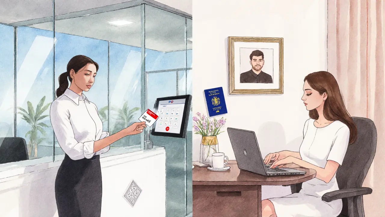 Illustration comparing agency office and independent escort's home office for verification.