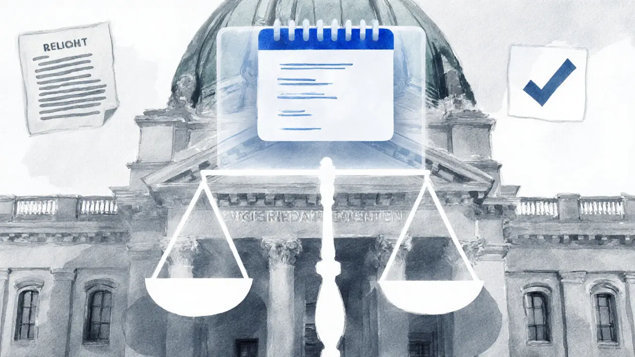 Illustration of legal scale, city hall, registration badge, and calendar symbols.