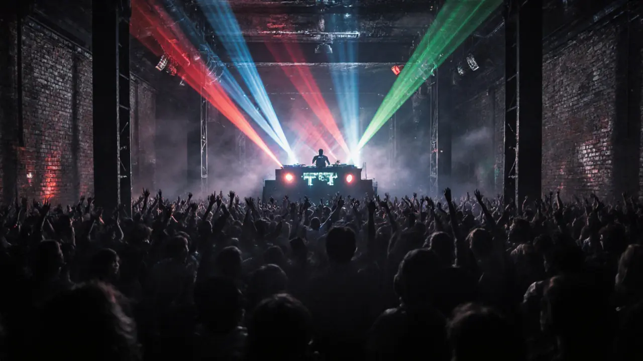 Industrial nightclub interior with a massive dance floor, neon lights and a DJ booth.