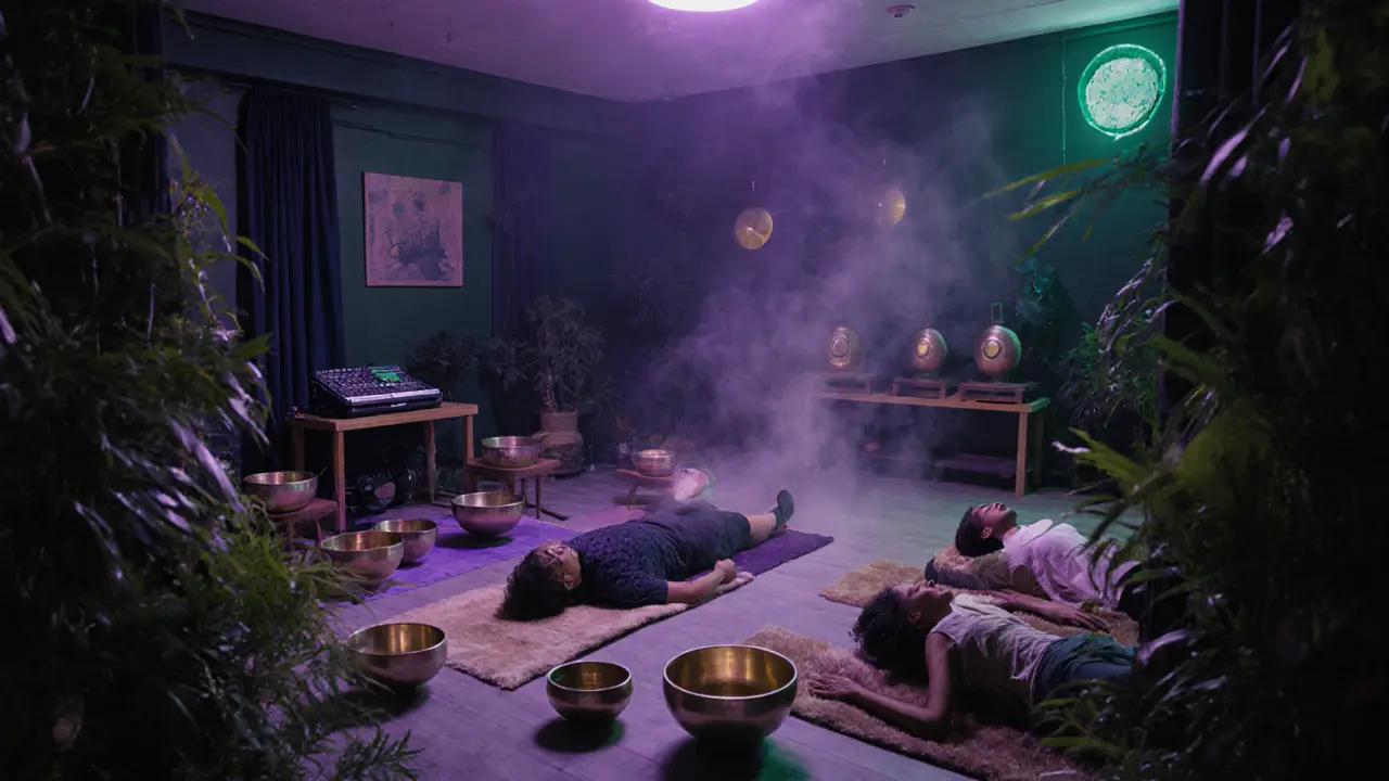 Inside Echo Chamber, participants lie on mats as crystal bowls and a DJ create a sound bath.
