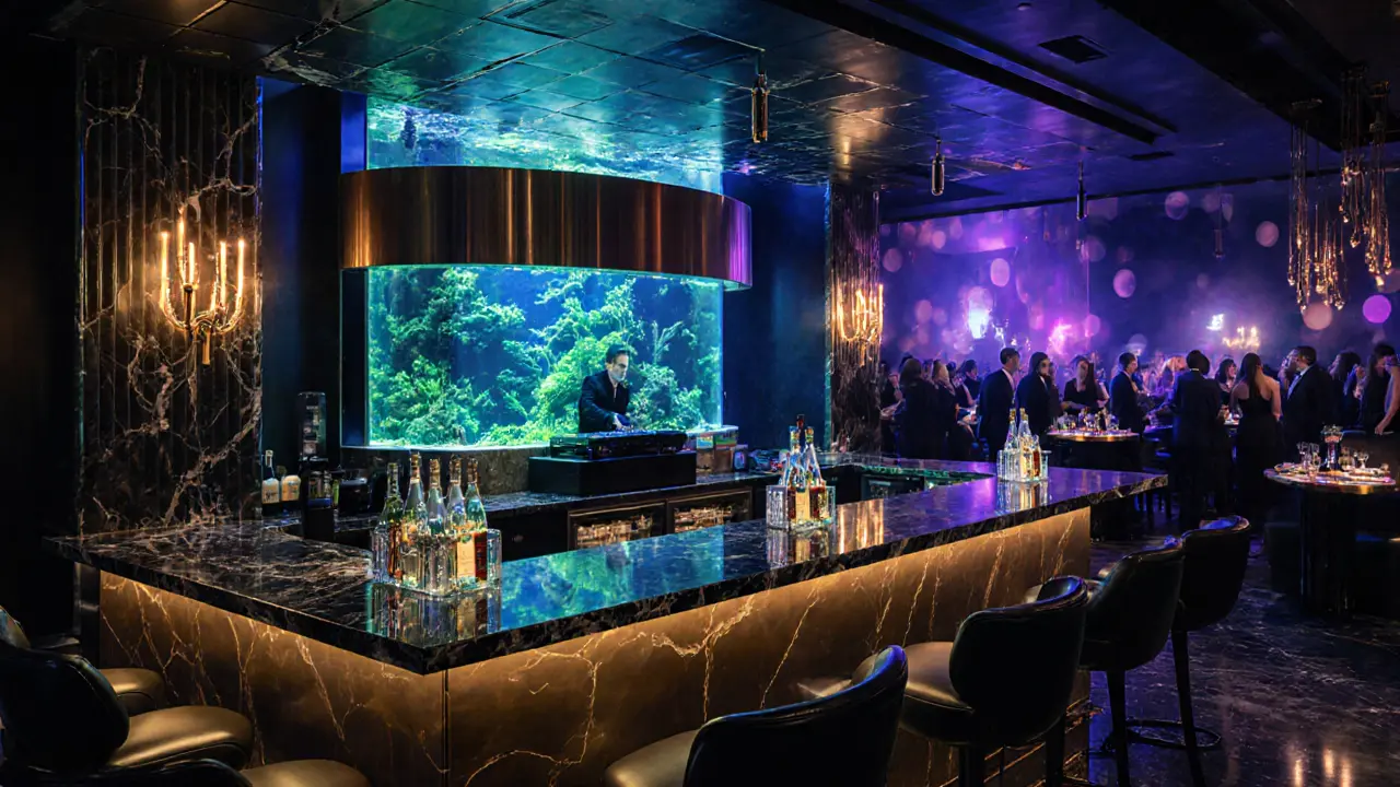 Inside Jimmy'z club showing marble bar, glowing aquarium and VIP guests.