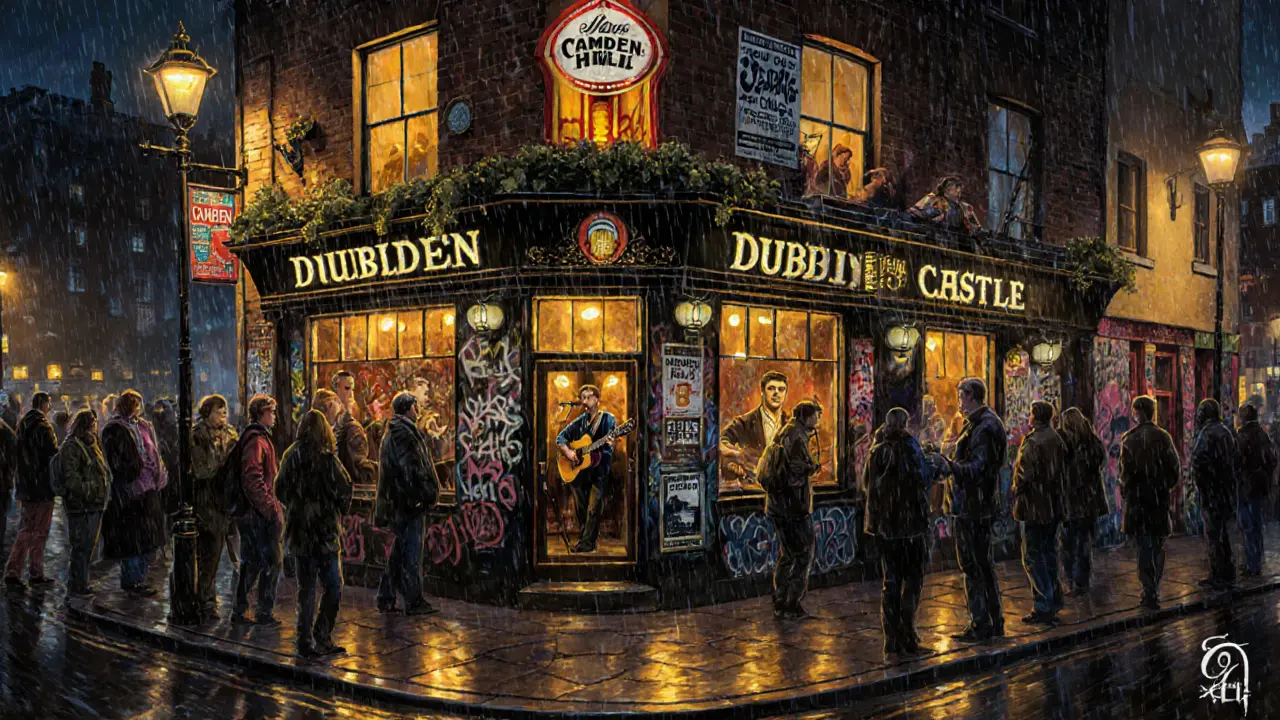 Live music at The Dublin Castle pub in Camden, crowd gathered under glowing beer signs and concert flyers.