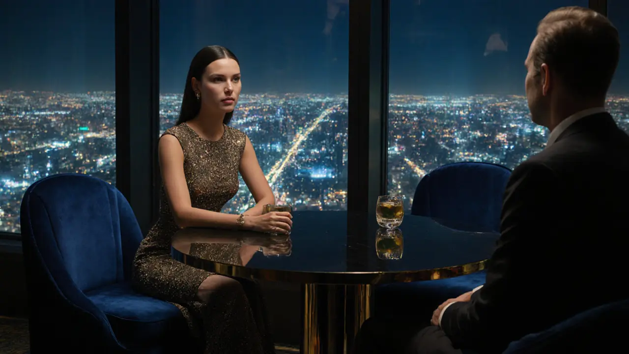 Luxury escort and guest sharing dinner at At.mosphere with city lights behind them.