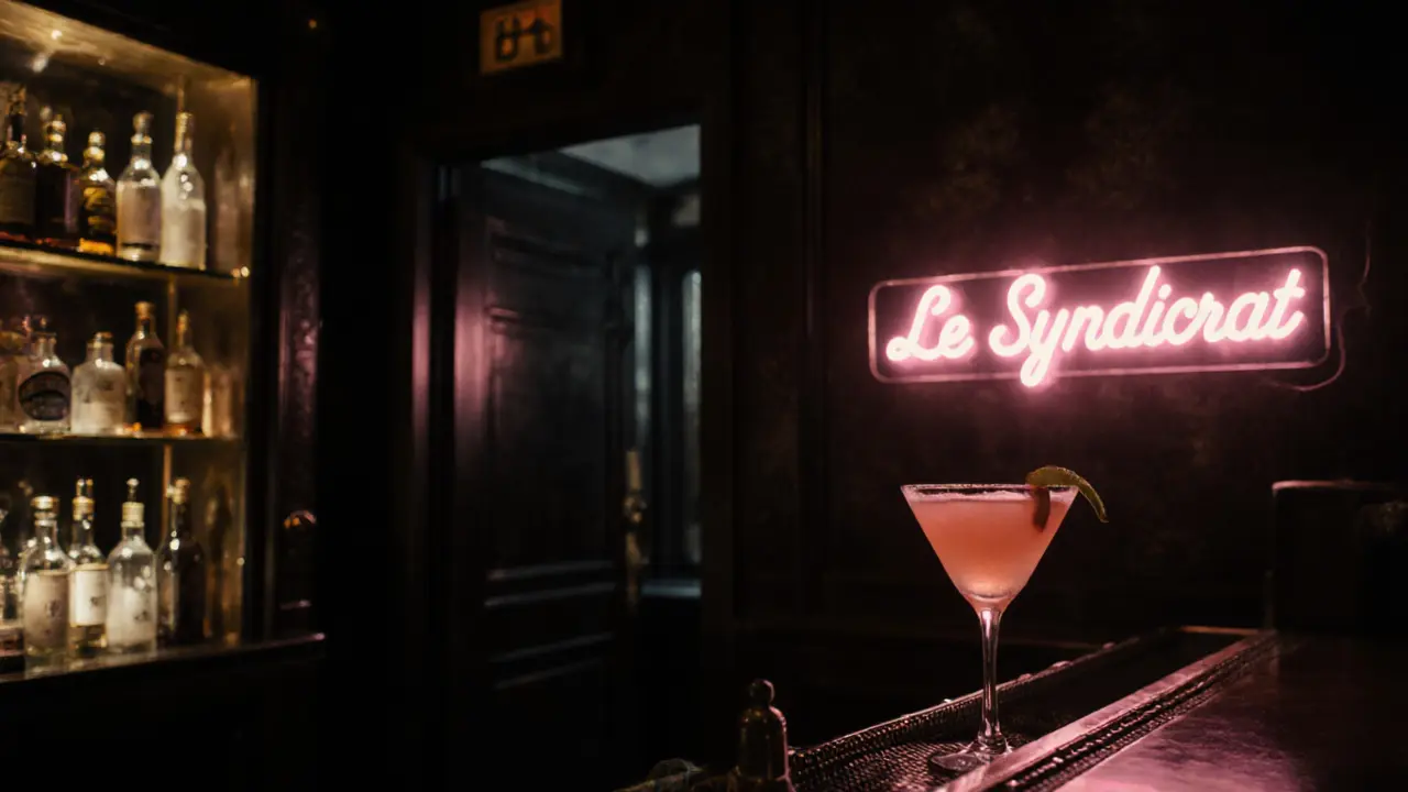 Moody interior of Le Syndicat speakeasy with neon sign and cocktail.