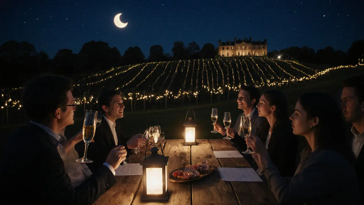 Moonlit outdoor wine tasting on a hill with lanterns, guests, and vineyards.
