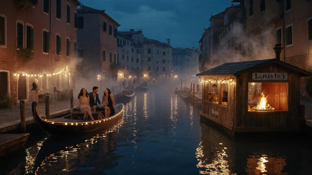 Nighttime view of Navigli canal with floating bars and a rustic hut illuminated by warm lights over dark water.