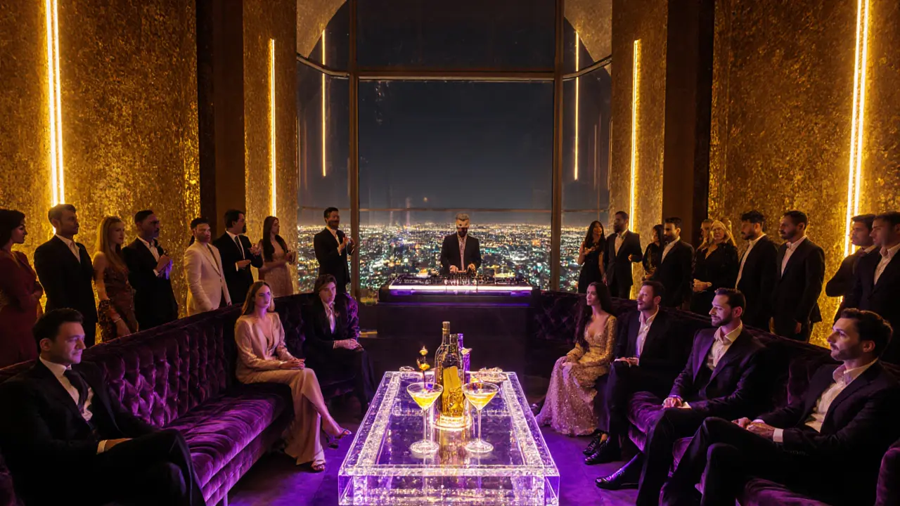 Opulent Cavalli Club interior with gold walls, DJ, and dressed guests.