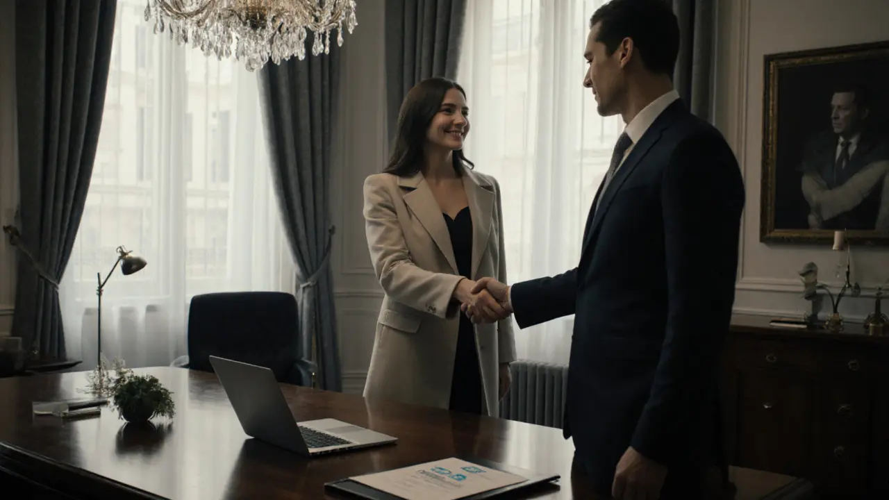 Professional escort agency office with verified profiles and a discreet handshake.