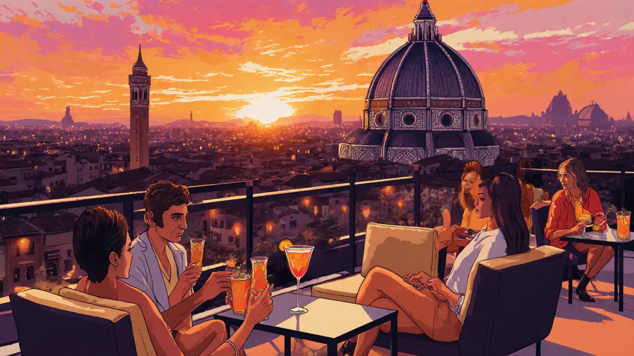 Rooftop bar overlooking the Duomo at sunset, guests holding orange Spritz cocktails.