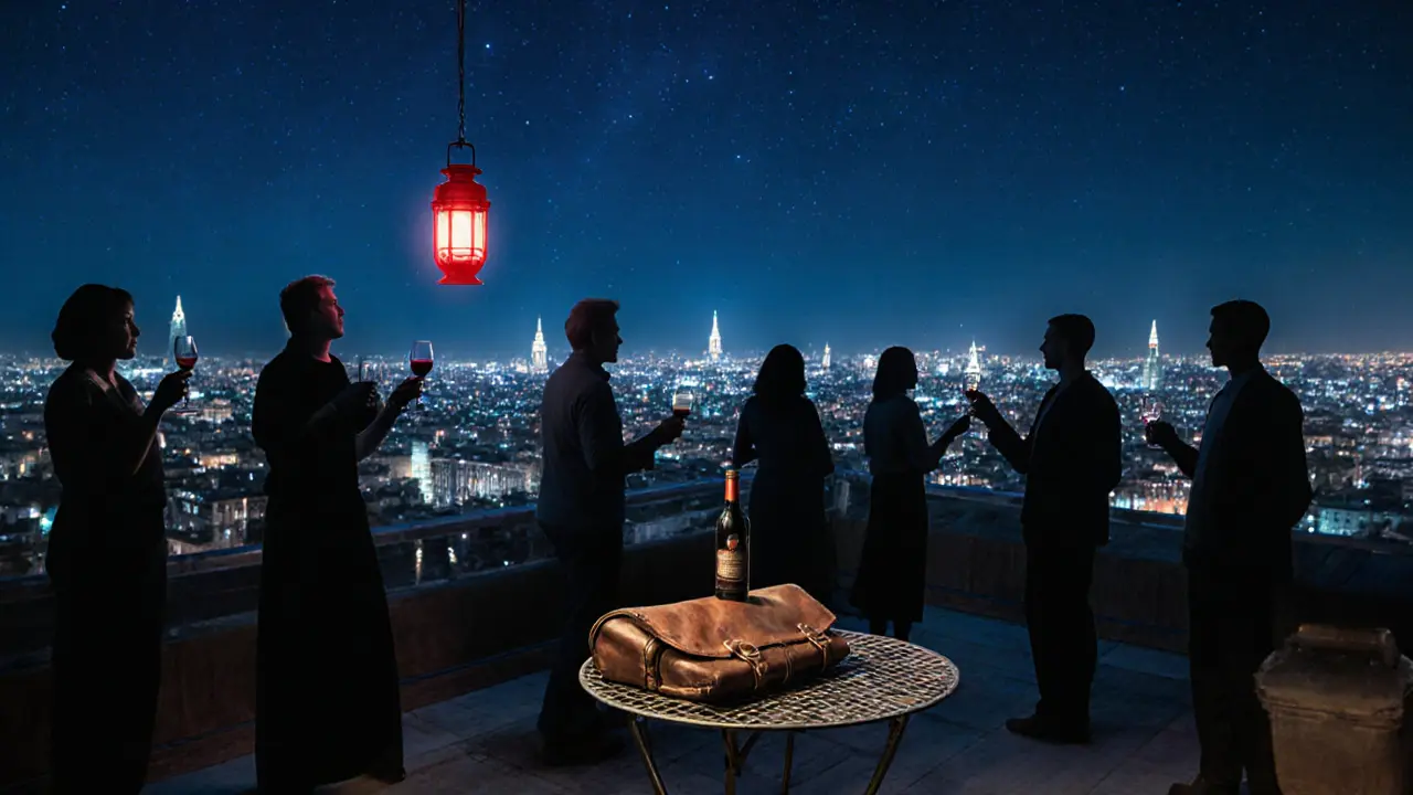 Rooftop terrace with Milan skyline at night, people silhouetted against the view holding wine glasses.