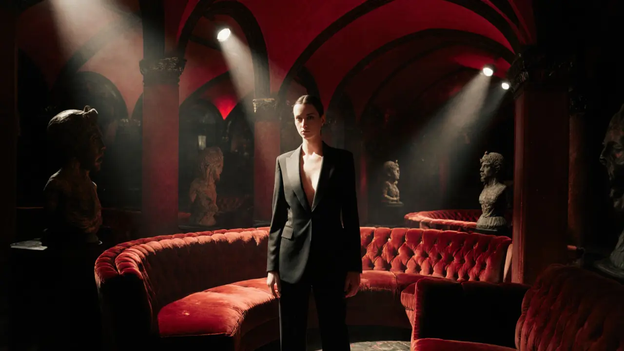 Silencio club interior with crimson ceilings, statues, and a stylish guest.