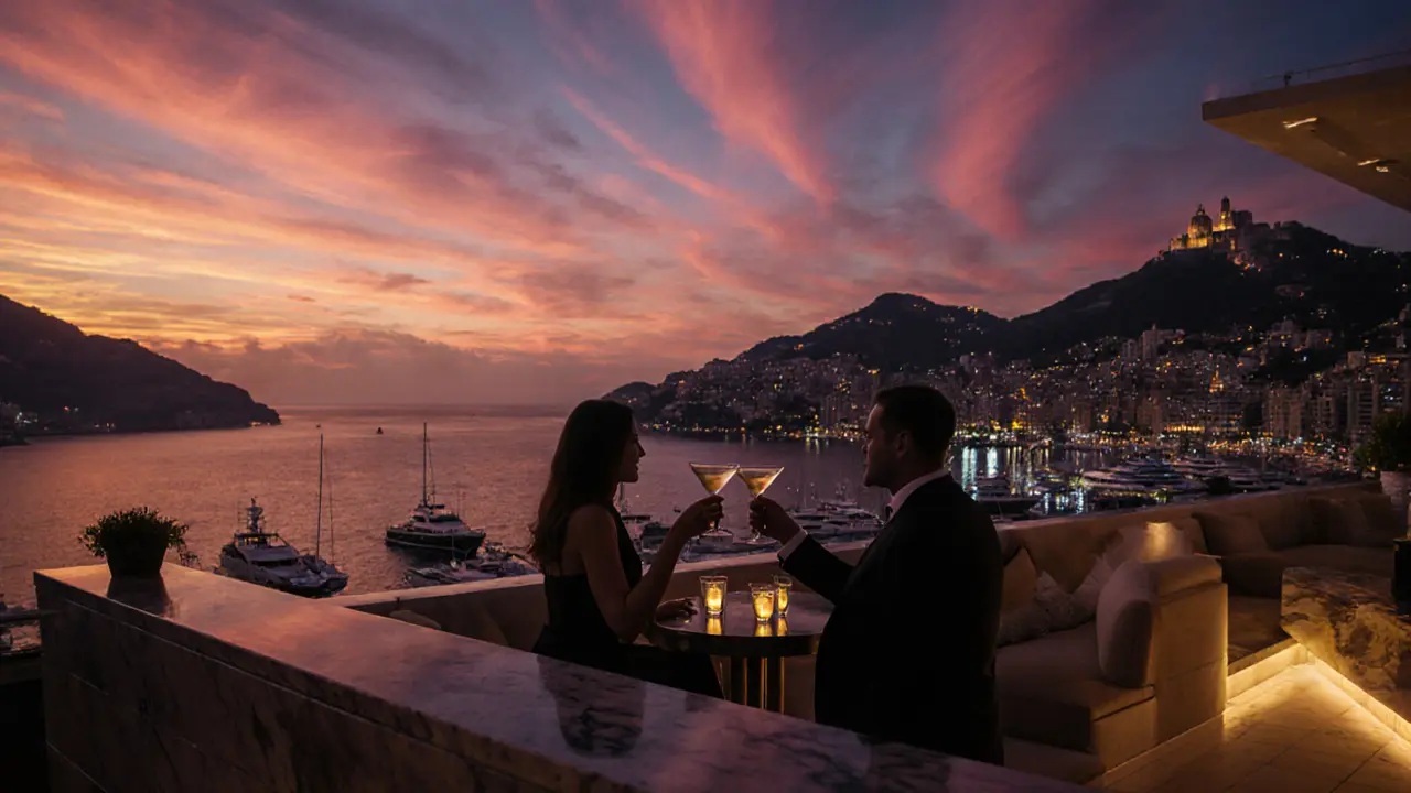 Sunset rooftop bar with pink sky, cocktail glasses, and Monte Carlo harbor below.
