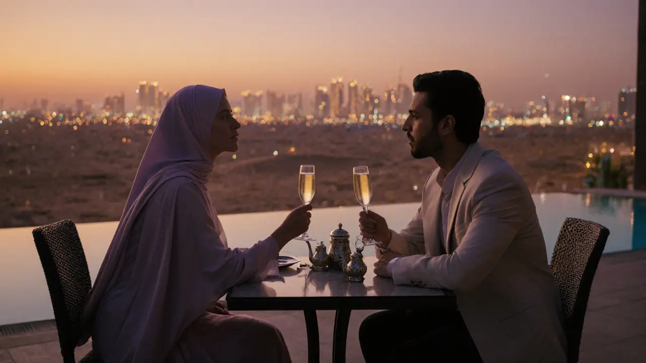 Sunset rooftop lounge at Emirates Palace with escort and client sharing champagne.