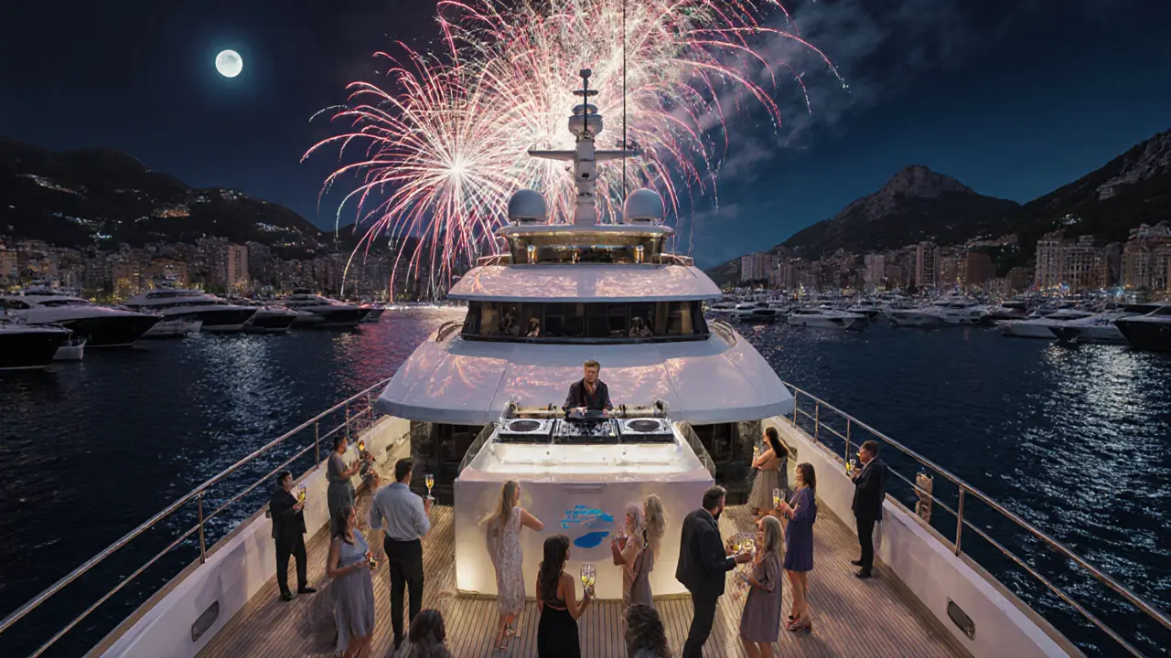 Superyacht deck party at Yacht Club de Monaco with DJ, champagne and fireworks.