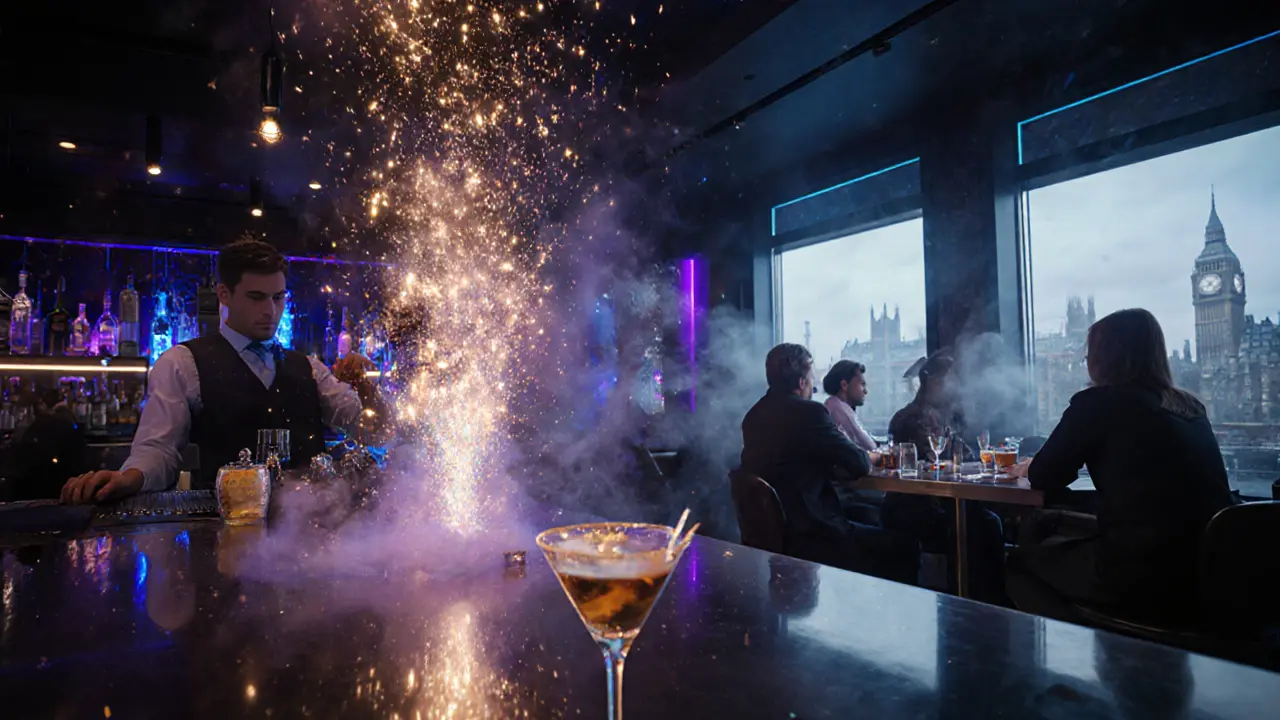 The Alchemist bar with smoky, glowing drinks and patrons under neon lights.