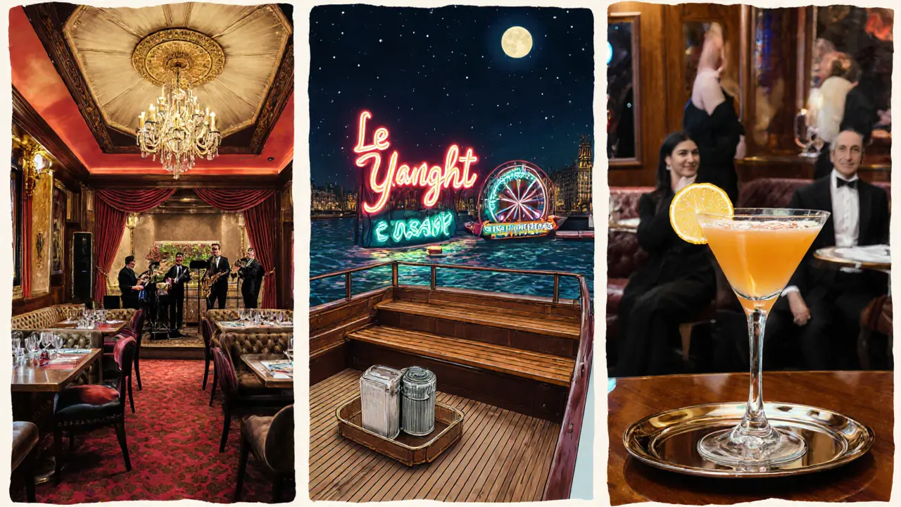 Three-panel illustration of Le Calife, Le Carrousel, and Le Yacht Club boat bars.