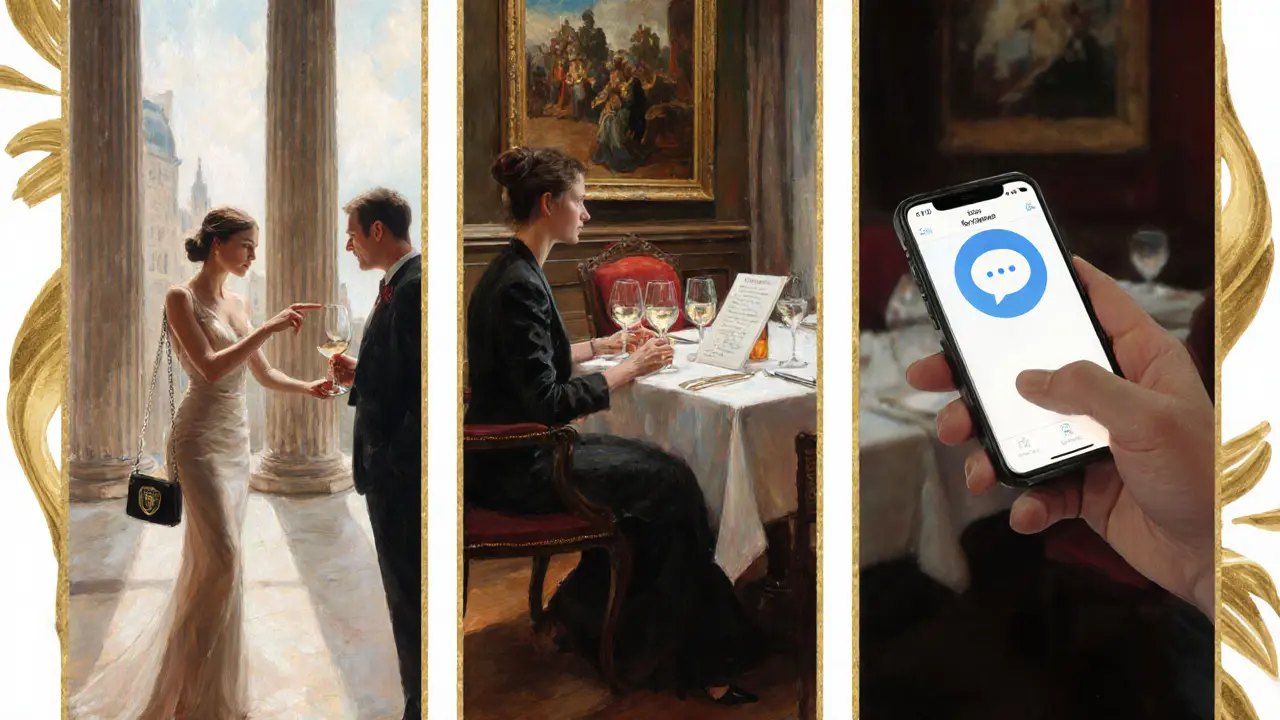 Three panels show escort at gallery, dining with wine, and a safety emblem highlighting service pillars.