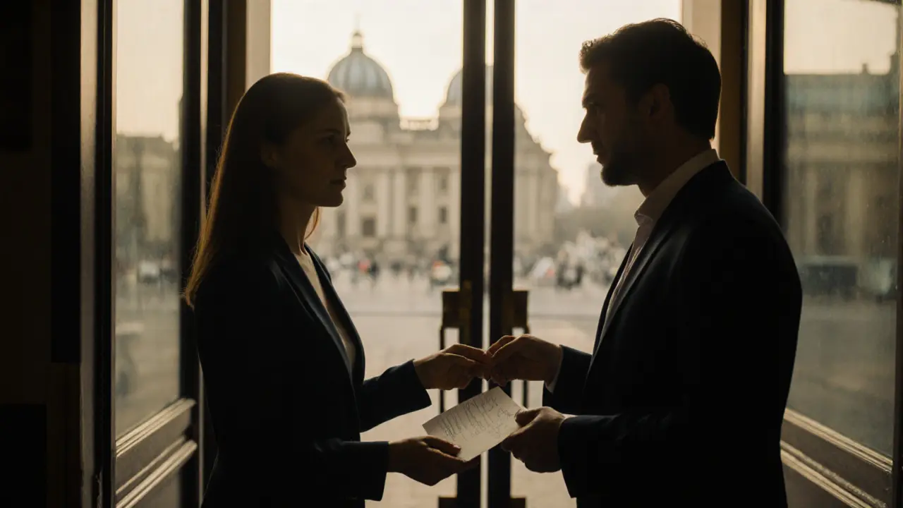 Two people parting respectfully at a hotel entrance with a handwritten note.
