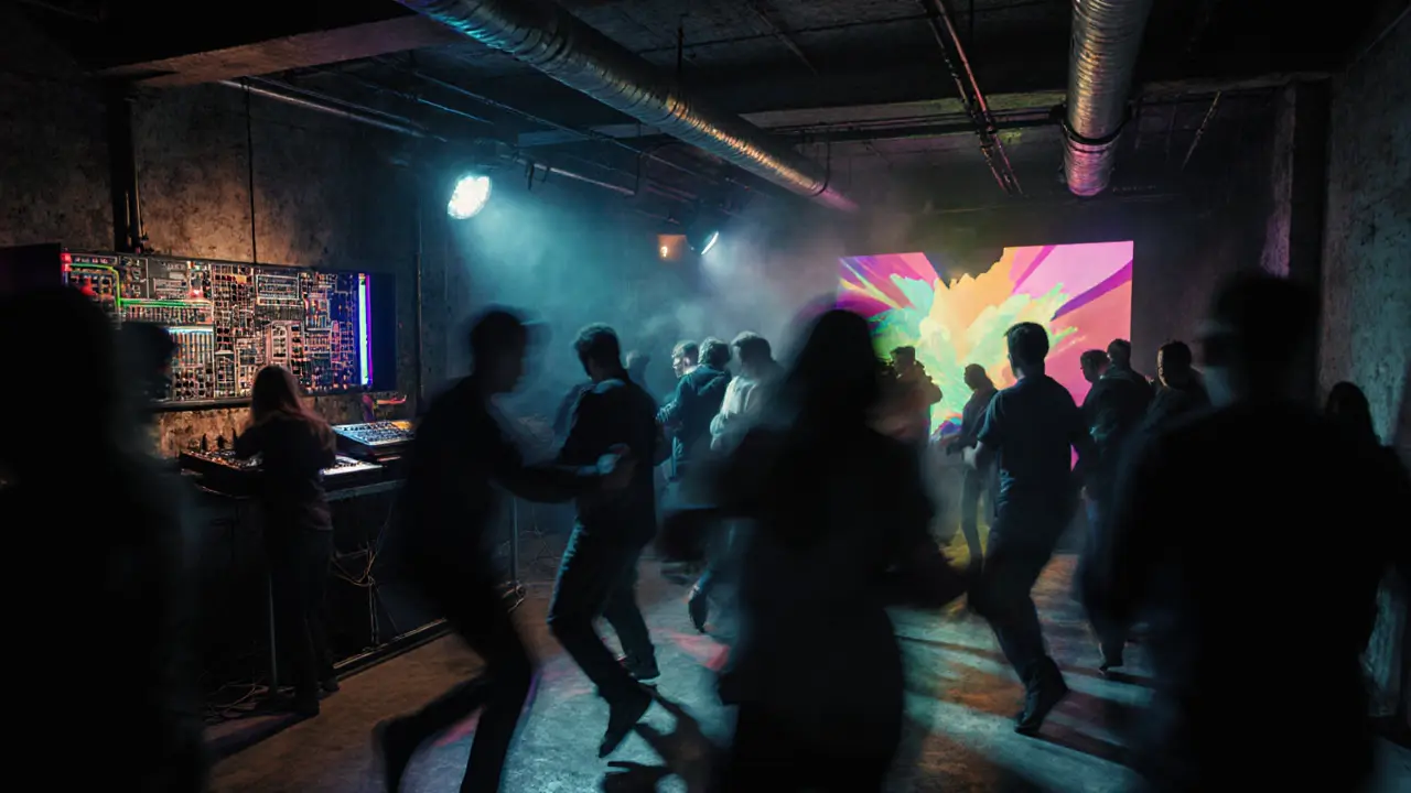 Underground club Alcatraz with glowing synth installations and dancers in a raw industrial space under colored lights.