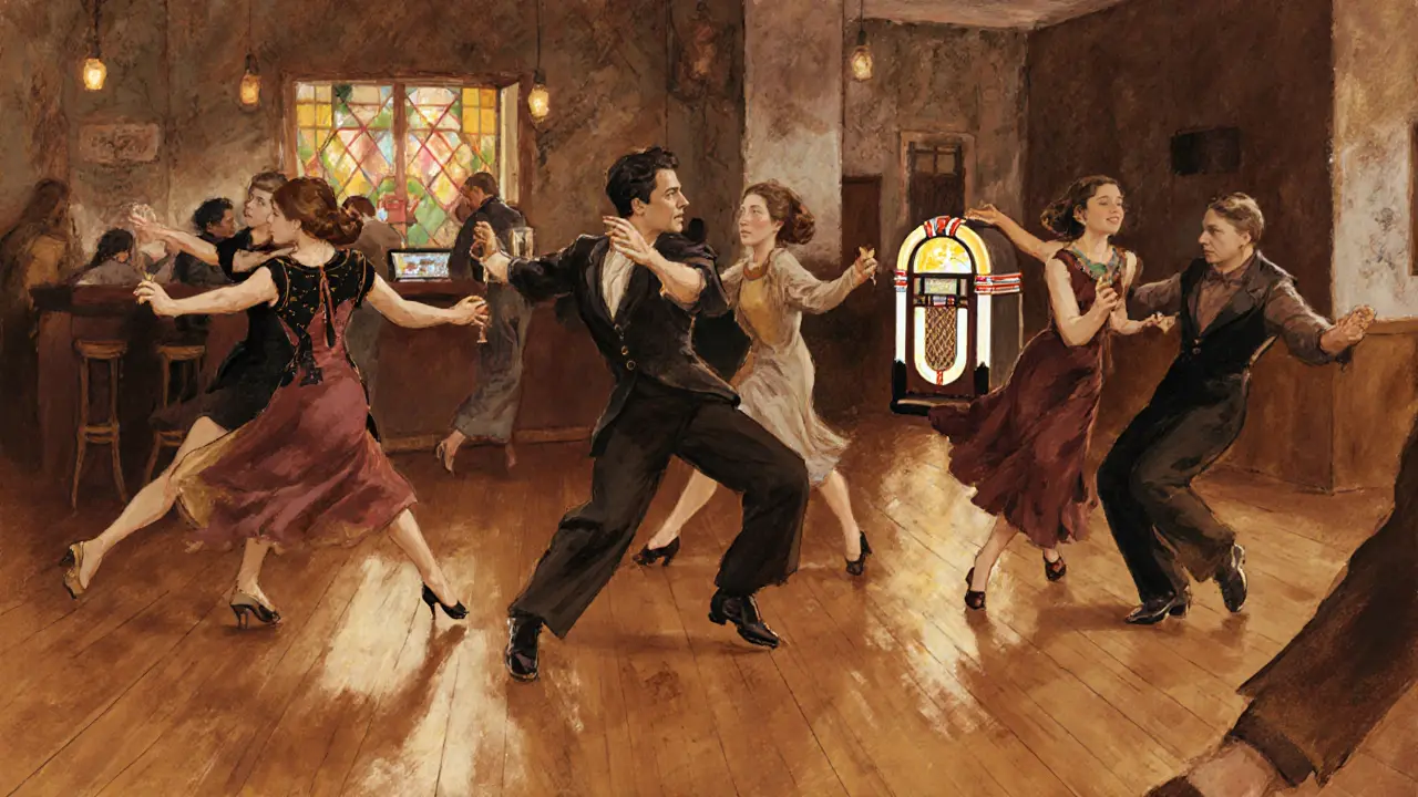 Vintage illustration of Le Balajo dance floor with couples swirling under warm lighting.