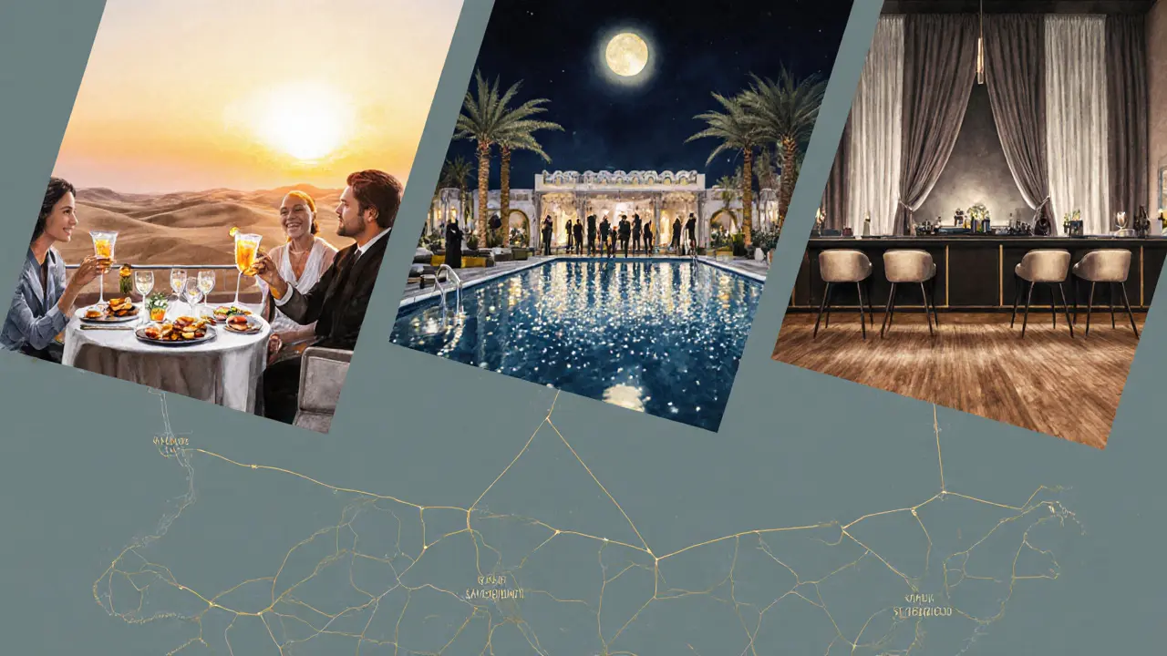 Watercolor collage of sunset lounge, pool dinner, club, and bar itinerary.