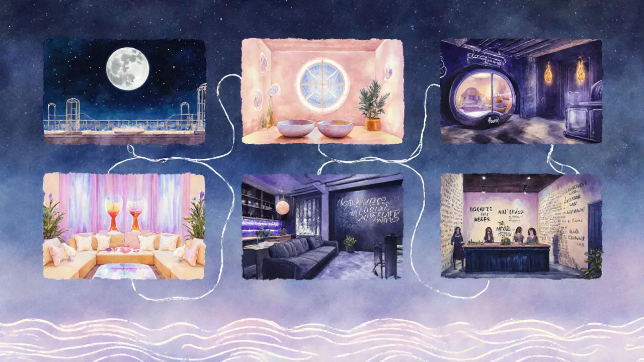 Watercolor montage of six London wellness nightlife venues linked together.