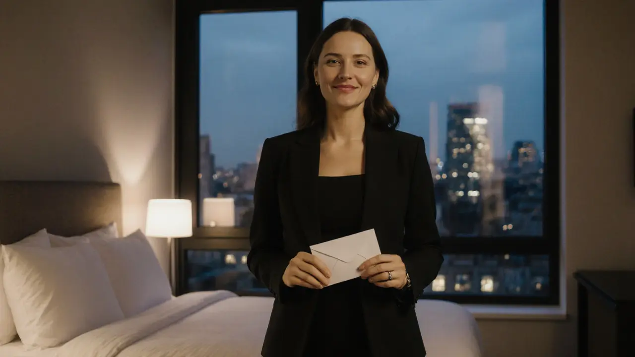 Woman holding cash in a hotel room, smiling calmly with Berlin skyline behind her.