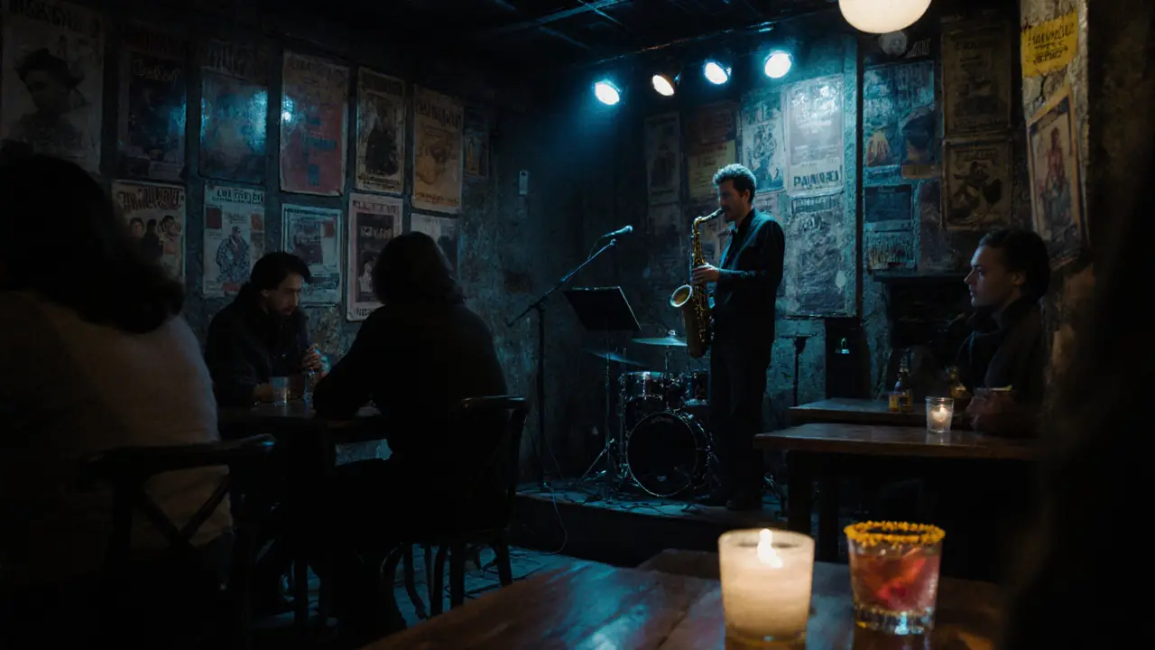 A basement jazz bar in Cihangir with a saxophonist performing under warm, moody lighting.