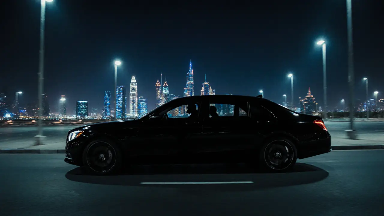 A black luxury car drives through Dubai’s nighttime streets, silhouettes inside, skyline glowing behind.