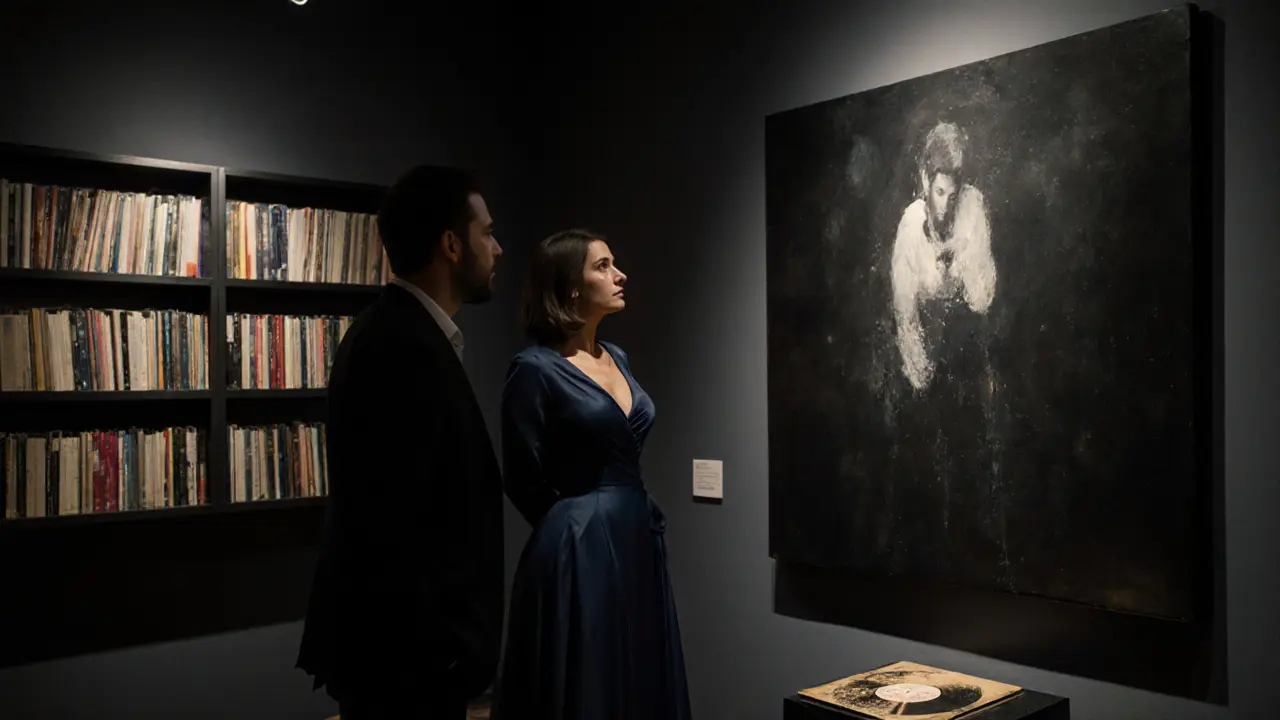 A couple admiring a Lucio Fontana painting in a private art gallery at night.