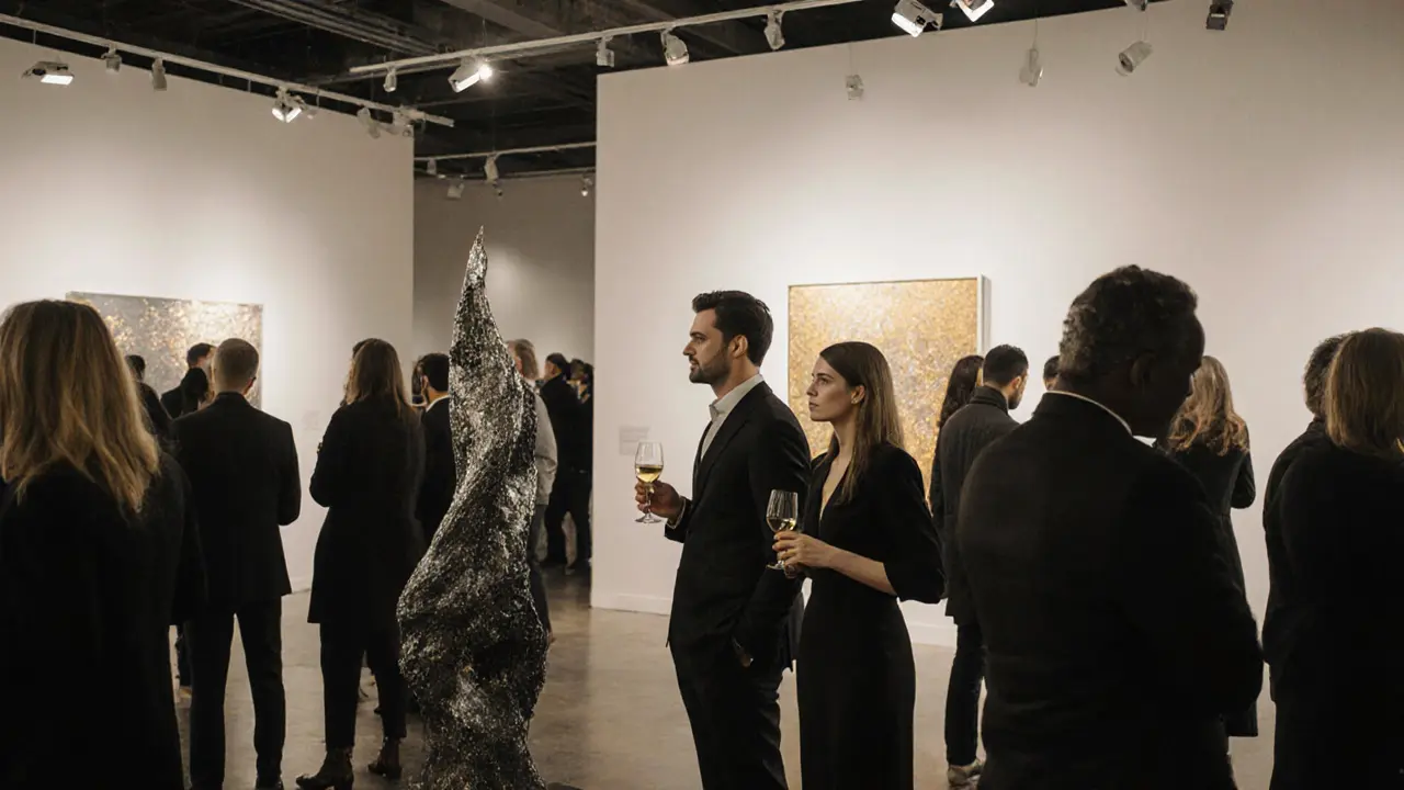 A couple conversing at an art gallery opening in Dubai, surrounded by guests and modern art under soft lighting.