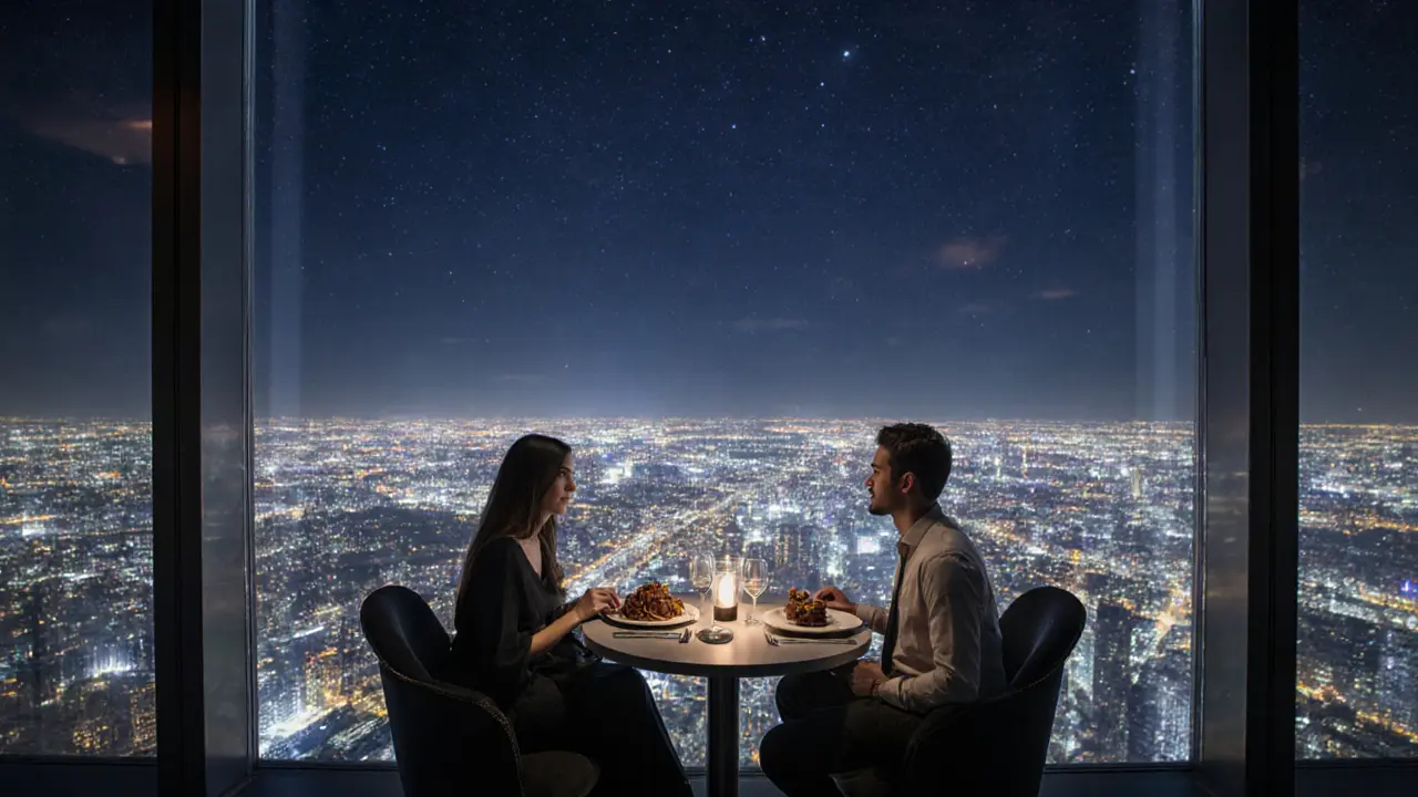 A couple enjoying dinner high above Dubai in Atmosphere, city lights sparkling below like stars.