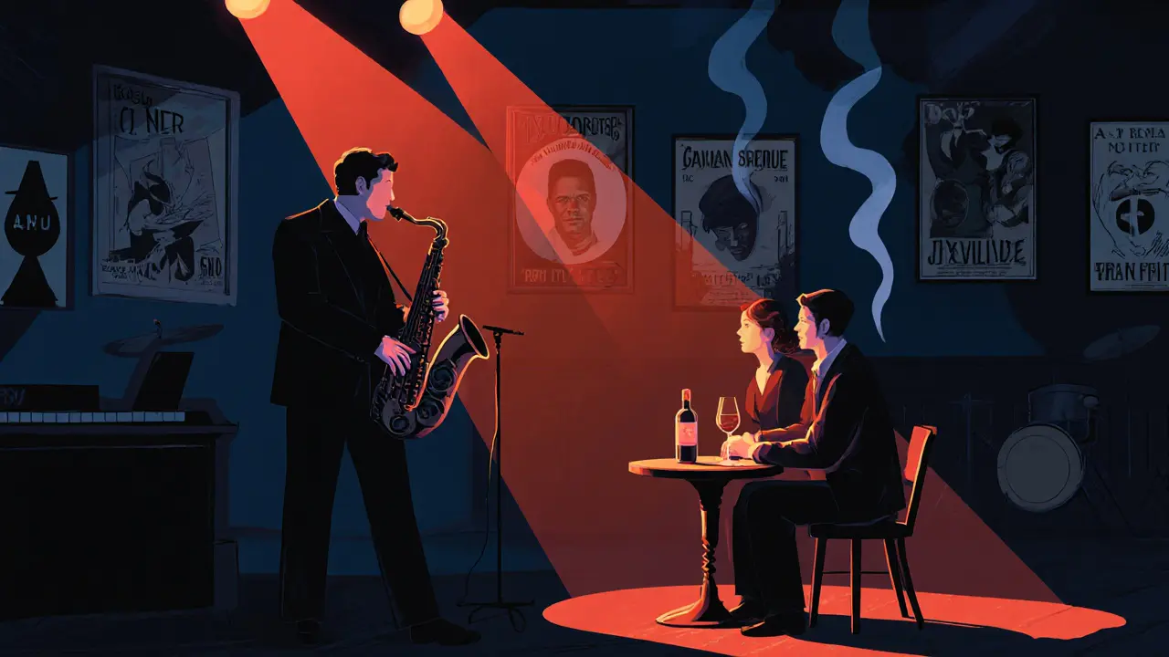 A couple in a dim jazz club in Belleville, saxophone in background, warm red lighting and smoke creating intimate mood.